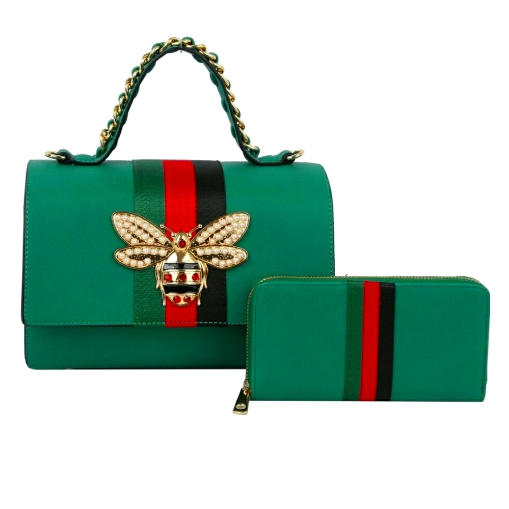 Trendy Green Satchel with Bumblebee